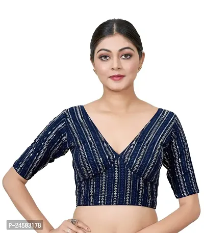 Shopgarb Designer Readymade Saree Blouse for Women Blouse in Embroidery  Sequence Work (Navy Blue)-thumb0