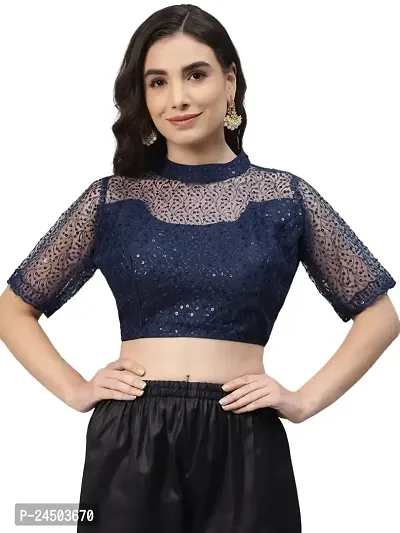 Shopgarb Readymade Sequence Navy Blue Net Blouse for Women Saree Blouse-thumb0
