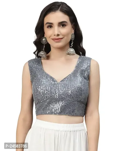 Shopgarb Designer Readymade Sequence Net Grey Blouse for Women Saree Blouse-thumb0