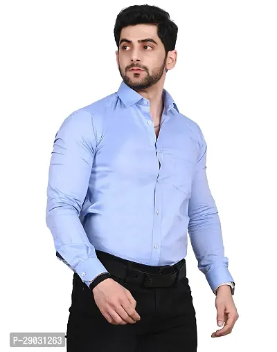 Stylish Blue Cotton Solid Long Sleeve Shirt For Men-thumb3