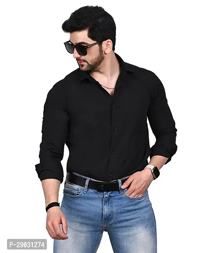 Stylish Black Cotton Solid Long Sleeve Shirt For Men-thumb5