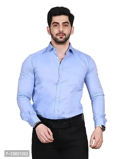 Stylish Blue Cotton Solid Long Sleeve Shirt For Men-thumb0