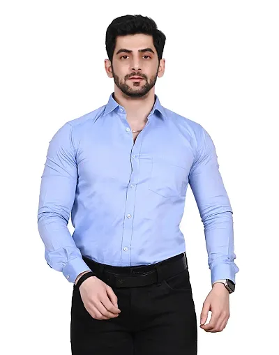 Stylish Blue Cotton Solid Long Sleeve Shirt For Men