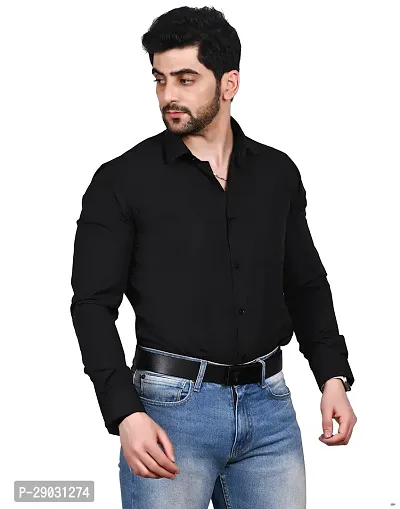 Stylish Black Cotton Solid Long Sleeve Shirt For Men-thumb3