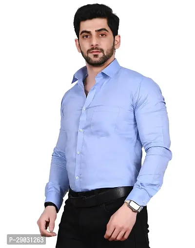 Stylish Blue Cotton Solid Long Sleeve Shirt For Men-thumb4