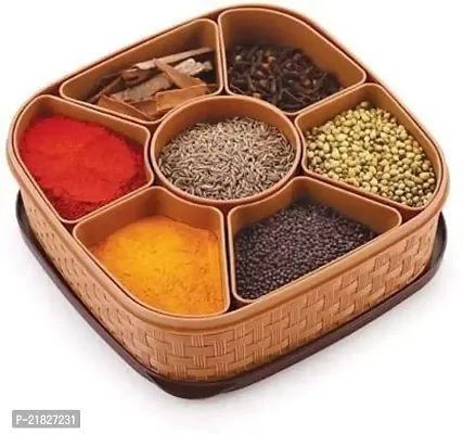 Multipurpose 7 In 1 Plastic Masala Rangoli Dabba Box Set with Spoon, Spice Box Set Wooden Style Plastic Spice Organizer-thumb0