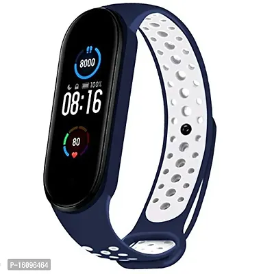 Sports Design Silicone Replacement Strap Wristband Compatible with Mi Band 5 (Navy Blue-White)(Chip Not Included)-thumb0