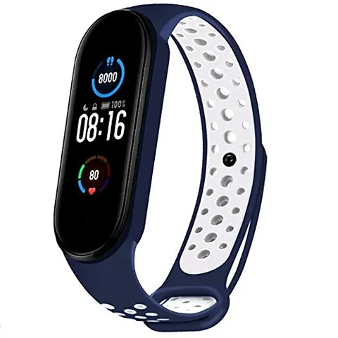 Sports Design Silicone Replacement Strap Wristband Compatible with Mi Band 5 (Navy Blue-White)(Chip Not Included)