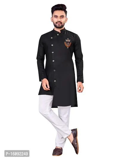 Reliable Black Cotton Blend Self Pattern Kurta And Bottom Sets For Men-thumb0