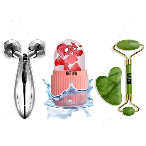 Face Stone Roller Massager with Gua Sha Jade Stone, Ice Roller and 3 D Massager Roller Set