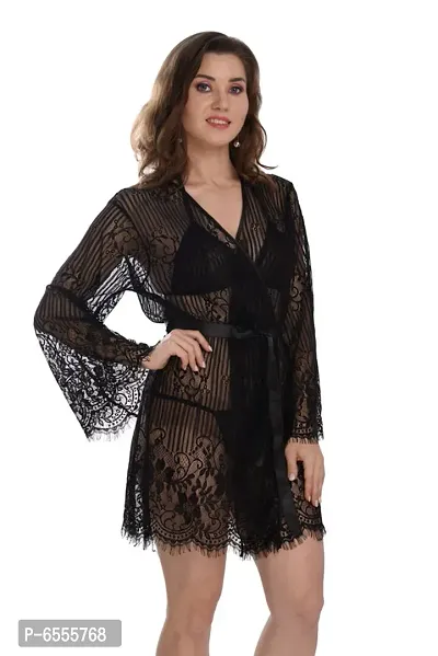 Net Lace Black Babydoll Nightdress For Women-thumb3