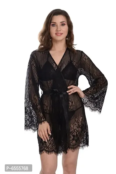 Net Lace Black Babydoll Nightdress For Women-thumb2