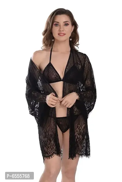 Net Lace Black Babydoll Nightdress For Women