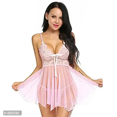 Net Lace Pink Babydoll Nightdress For Women