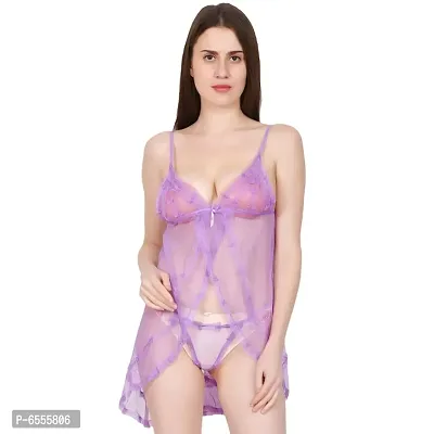 Net Lace Purple Babydoll Nightdress For Women-thumb0