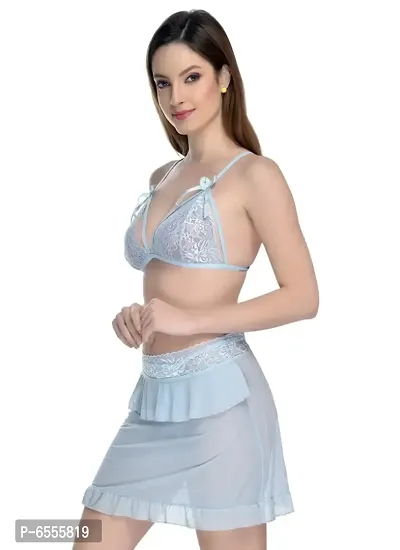 Net Lace Light Blue Babydoll Nightdress For Women-thumb5