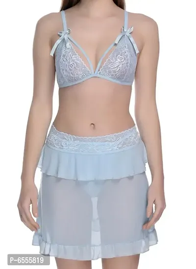 Net Lace Light Blue Babydoll Nightdress For Women-thumb2