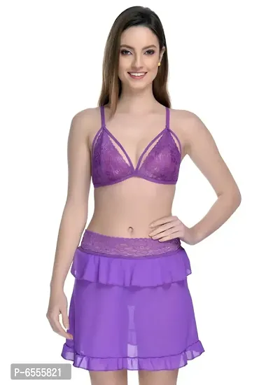 Net Lace Purple Babydoll Nightdress For Women