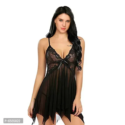 Net Lace Black Babydoll Nightdress For Women-thumb0