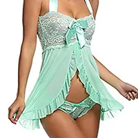 Net Lace Sea Blue Babydoll Nightdress For Women-thumb1