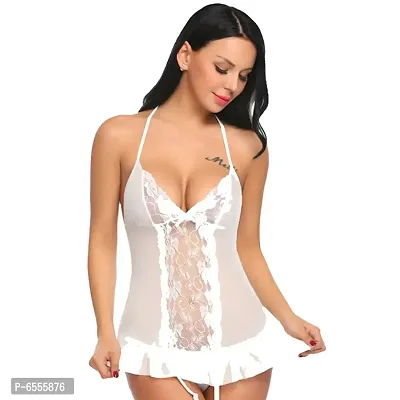 Net Lace White Babydoll Nightdress For Women-thumb0