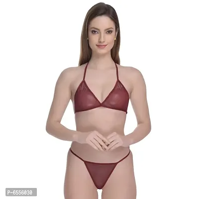 Non-Wired And Non-Padded Cups Maroon Net Lingerie Set, Bra Panty Set