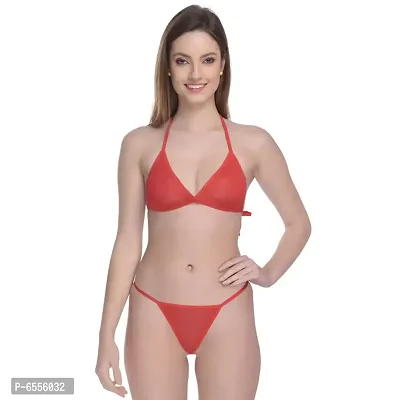 Non-Wired And Non-Padded Cups Red Net Lingerie Set, Bra Panty Set