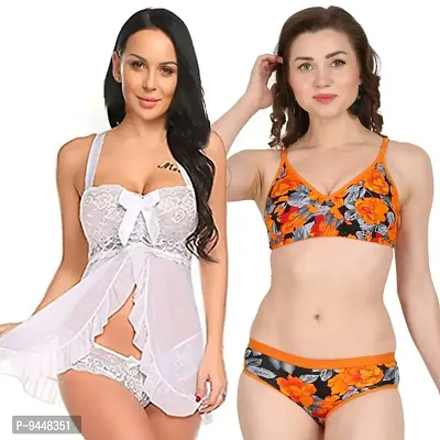 Buy Women Babydoll 1 Net Robe And 1 Satin Lingerie Bikini (bra-panty) Set  For Honeymoon And Wedding Night Online In India At Discounted Prices