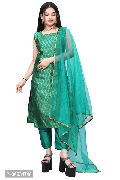 Elegant Green Banarasi Silk Jacquard Weave Dress Material with Dupatta For Women-thumb0