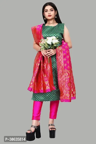 Elegant Green Banarasi Silk Jacquard Weave Dress Material with Dupatta For Women