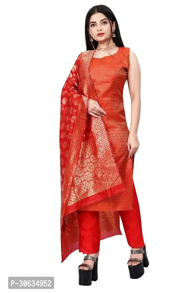 Elegant Red Banarasi Silk Jacquard Weave Dress Material with Dupatta For Women