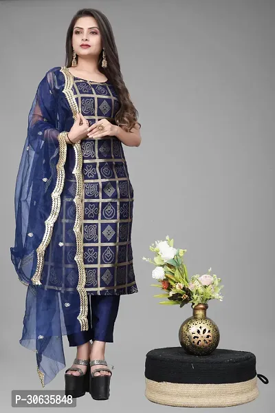 Elegant Navy Blue Banarasi Silk Jacquard Weave Dress Material with Dupatta For Women