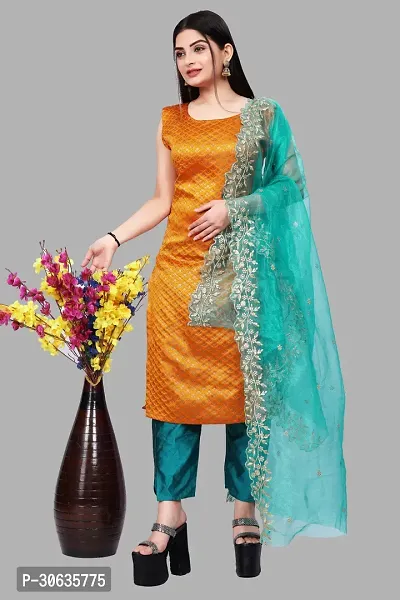 Elegant Orange Banarasi Silk Jacquard Weave Dress Material with Dupatta For Women