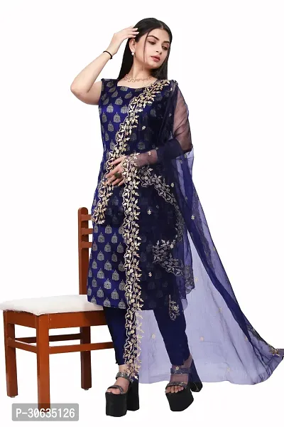 Elegant Navy Blue Banarasi Silk Jacquard Weave Dress Material with Dupatta For Women