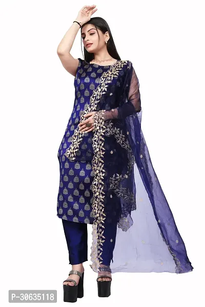 Elegant Navy Blue Banarasi Silk Jacquard Weave Dress Material with Dupatta For Women