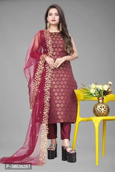 Elegant Maroon Banarasi Silk Jacquard Weave Dress Material with Dupatta For Women-thumb0