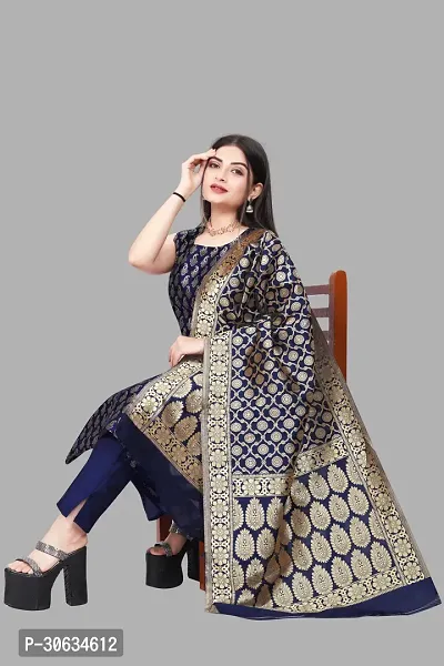 Elegant Navy Blue Banarasi Silk Jacquard Weave Dress Material with Dupatta For Women-thumb0