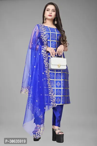 Elegant Blue Banarasi Silk Jacquard Weave Dress Material with Dupatta For Women-thumb0