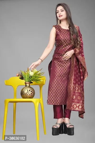 Elegant Maroon Banarasi Silk Jacquard Weave Dress Material with Dupatta For Women-thumb0