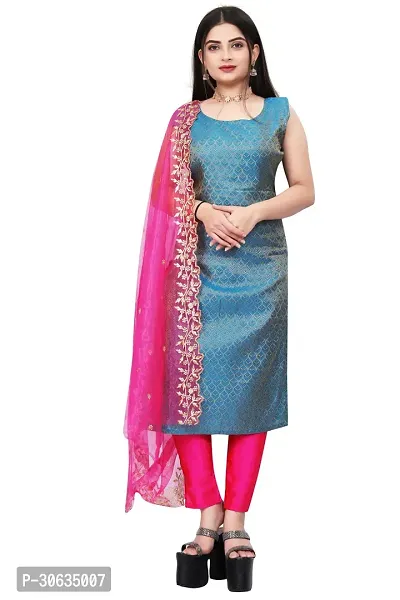 Elegant Blue Banarasi Silk Jacquard Weave Dress Material with Dupatta For Women