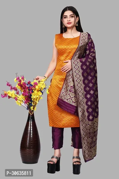 Elegant Orange Banarasi Silk Jacquard Weave Dress Material with Dupatta For Women