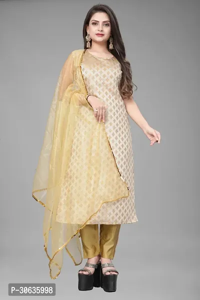 Elegant Beige Banarasi Silk Jacquard Weave Dress Material with Dupatta For Women