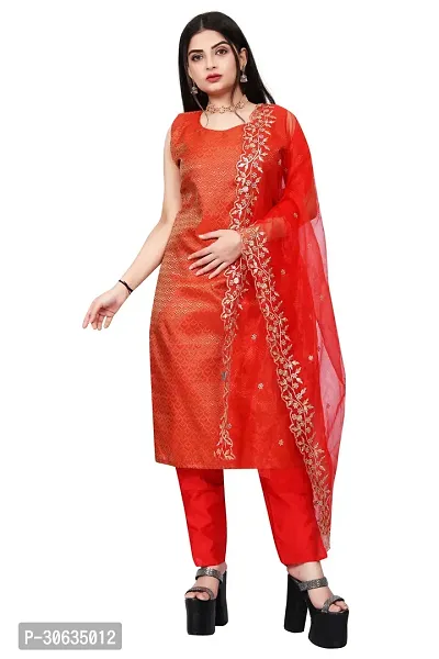 Elegant Red Banarasi Silk Jacquard Weave Dress Material with Dupatta For Women