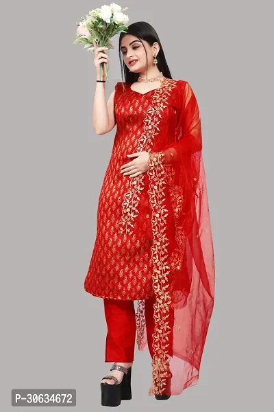 Elegant Red Banarasi Silk Jacquard Weave Dress Material with Dupatta For Women