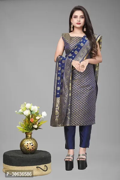 Elegant Navy Blue Banarasi Silk Jacquard Weave Dress Material with Dupatta For Women