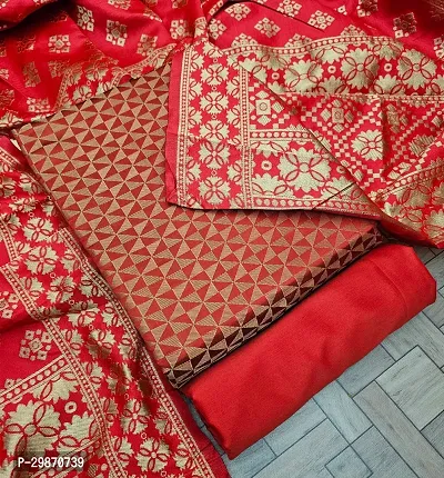 Elegant Red Banarasi Silk Jacquard Weave Dress Material with Dupatta For Women