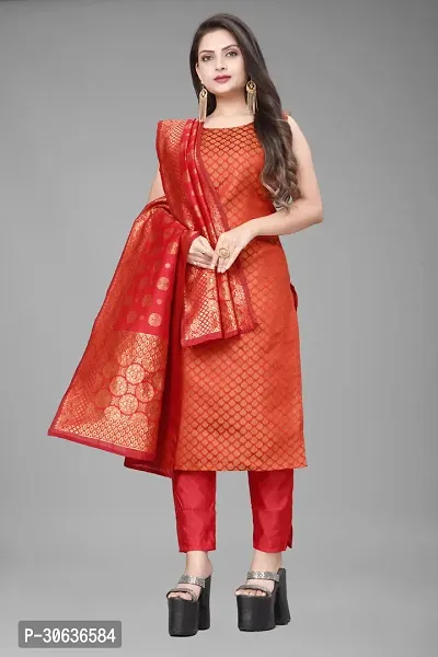 Elegant Red Banarasi Silk Jacquard Weave Dress Material with Dupatta For Women-thumb0