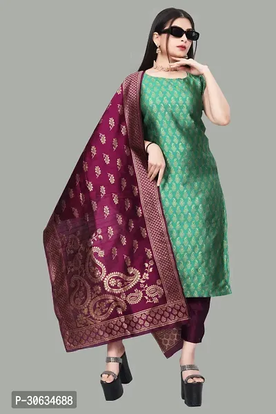 Elegant Green Banarasi Silk Jacquard Weave Dress Material with Dupatta For Women