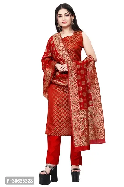 Elegant Red Banarasi Silk Jacquard Weave Dress Material with Dupatta For Women-thumb0