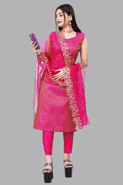 Stylish Fancy Jacquard Unstitched Dress Material Top With Bottom And Dupatta Set For Women